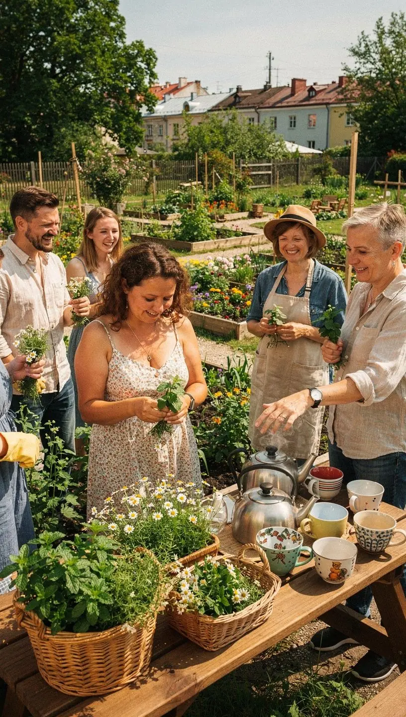Stalo dekoracija su žolelių arbatos servizu ir mažais augalais, skatinanti geresnę gyvenimo kokybę darbo metu.