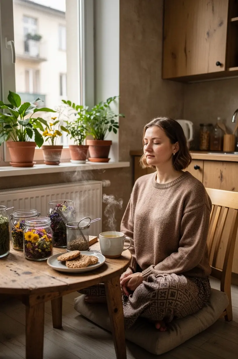 Ant stalo išdėliotos įvairios vaistažolės ir arbatos lapai, skatinantys ramybę ir atsipalaidavimą.