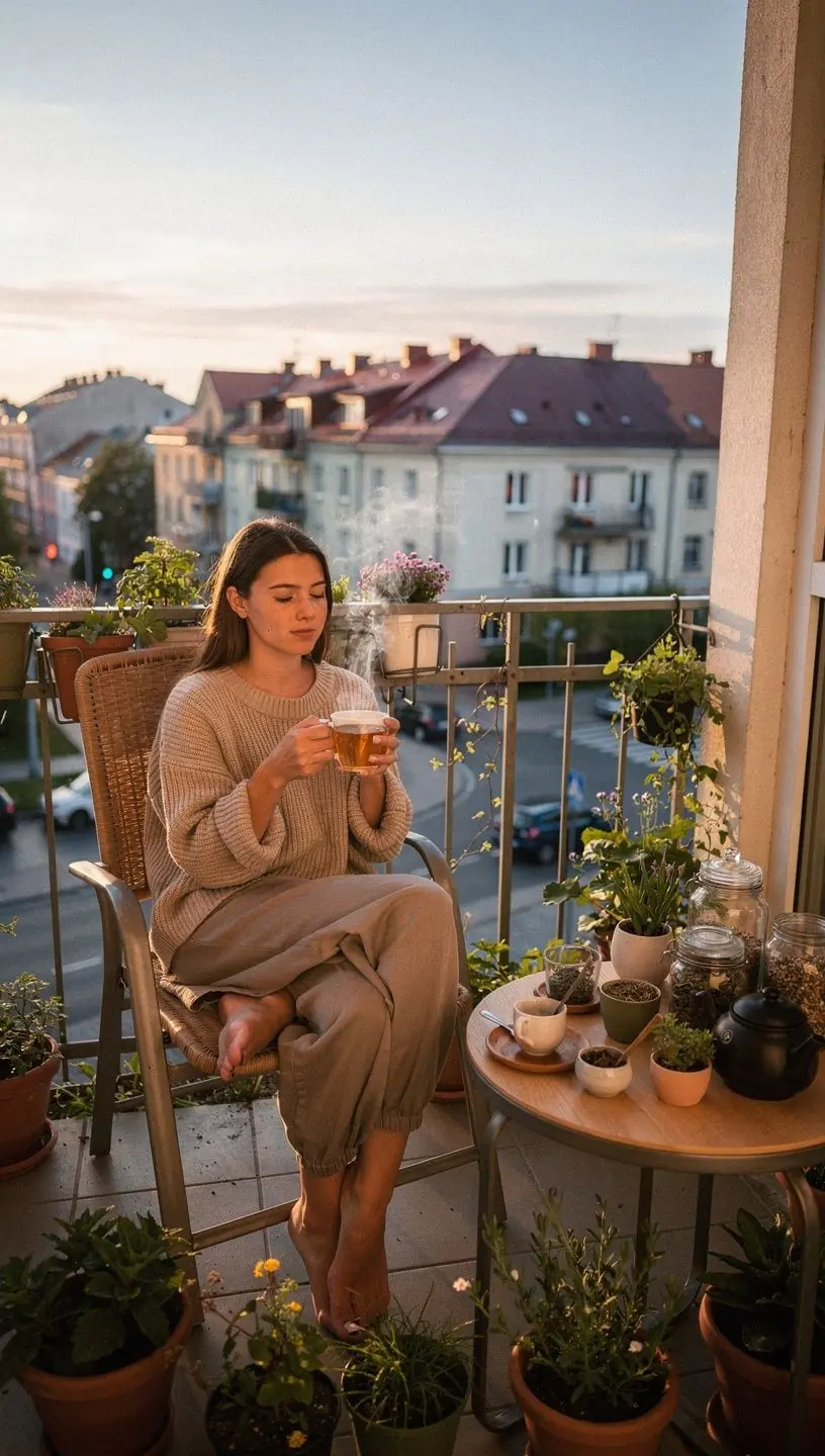 Moteris sėdi prie lango, gurkšnoja žolelių arbatą ir atlieka kvėpavimo pratimus.