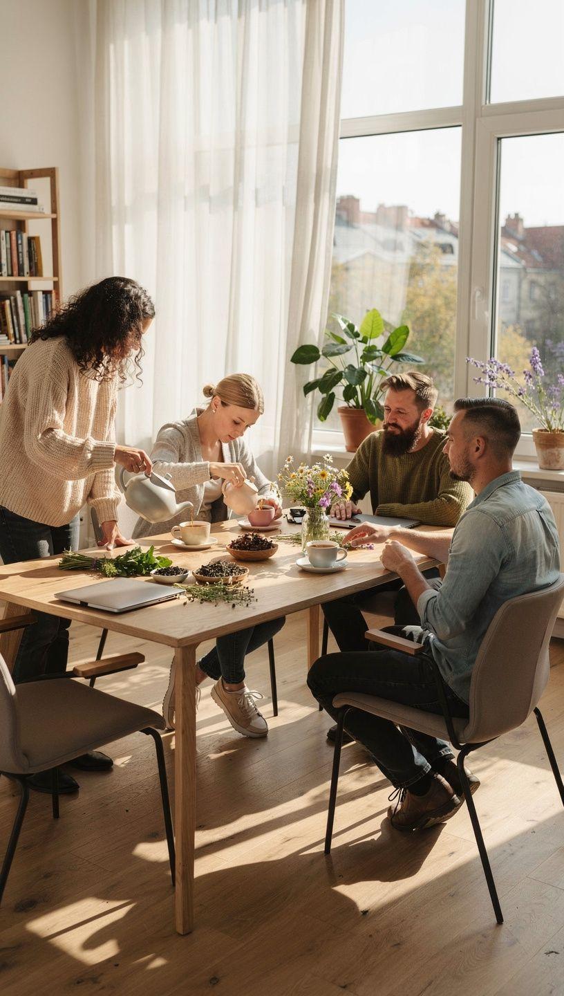 Arbatos puodelis su dūminėmis žolelėmis ant darbo stalo šalia atversto užrašų knygelės ir akinių, simbolizuojantis sąmoningą poilsį darbo dienoje